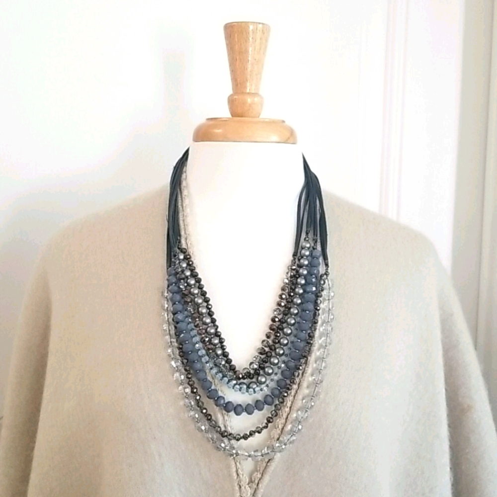 Glass Bead necklace. Blue, Brown, and Silver.